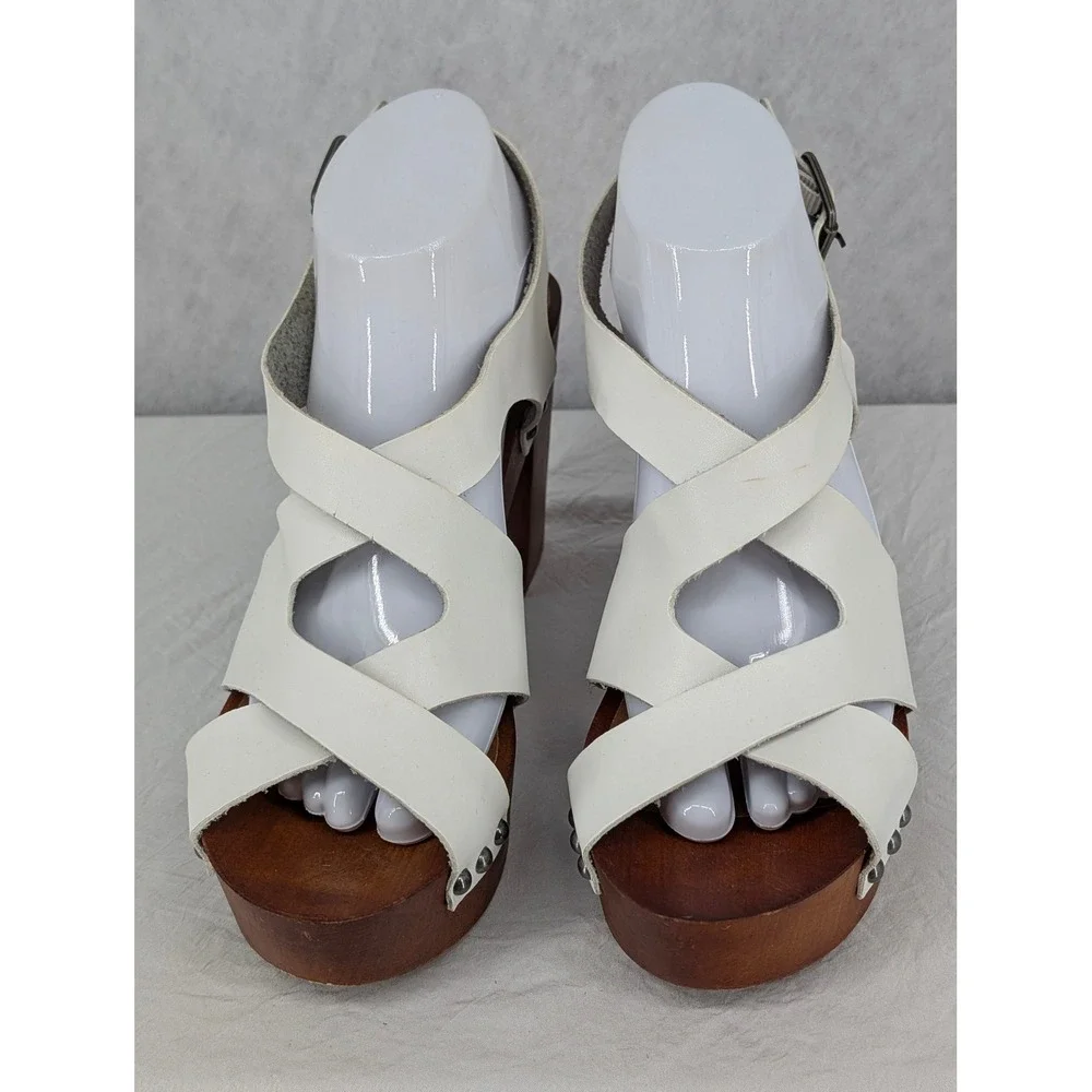 Madden Girl 10 White Studded Platform Wood Block Heel Sandals Retro Boho Shoes